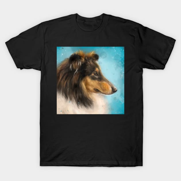 Painting of a Three Colored Collie Dog on Blue Background T-Shirt by ibadishi